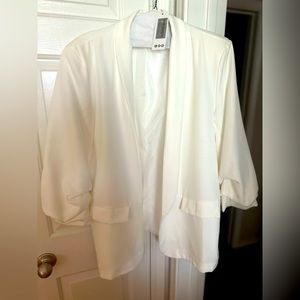 Ruched sleeve white blazer